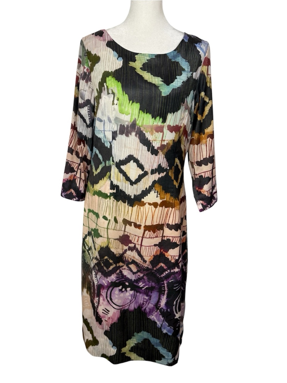 J. Peterman abstract watercolor print 3/4 sleeve shift dress size 6